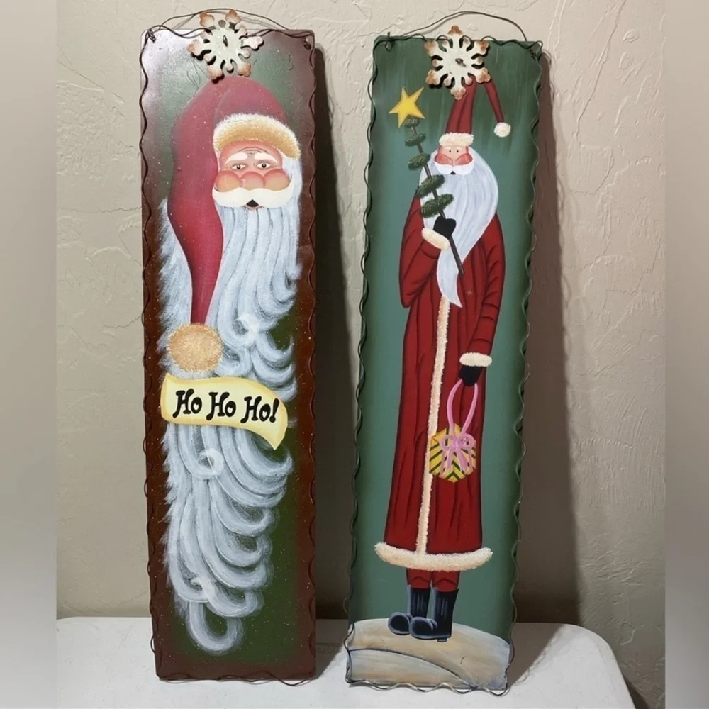 World Santa Hand Christmas Painted Hanging Art Lot of 2